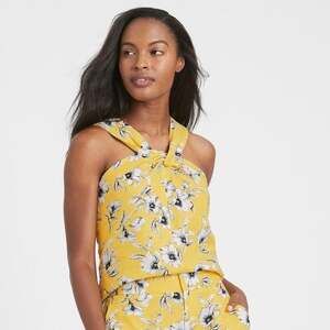 Banana Republic Yellow Floral Linen-Blend Twisted Halter Top